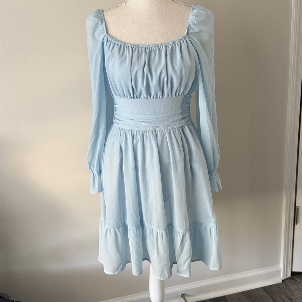 Women's Feminine Long Lantern Sleeve Dress Square Neck Ruffle Tie Back Mini